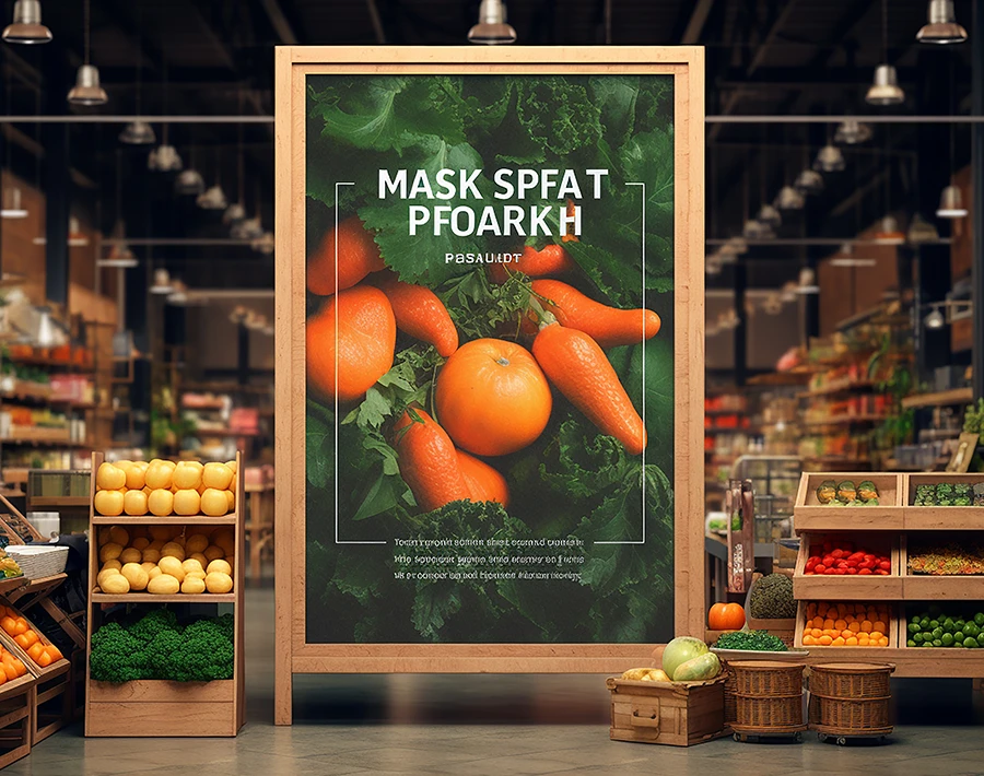 Plakat reklamowy z grafiką pomarańczy i zielonym tłem ustawiony w sklepie spożywczym.