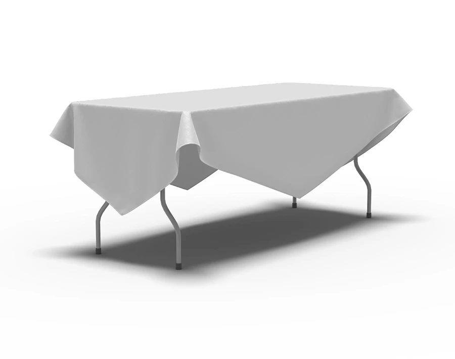 Biały stół cateringowy z luźno opadającym obrusem na metalowych nogach.