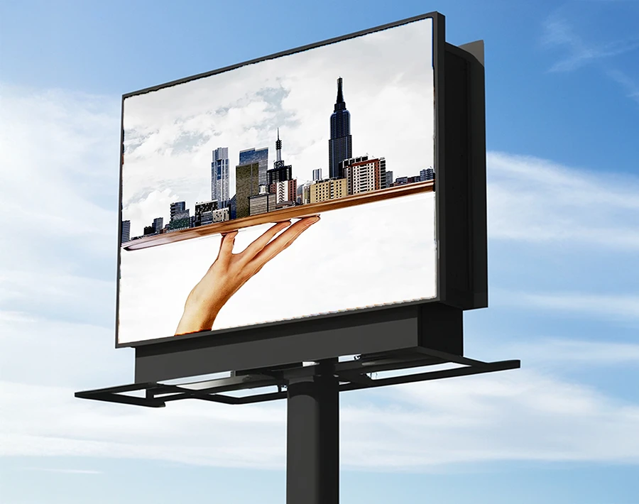 Biały baner XL na dużym billboardzie z nadrukiem panoramy miasta.