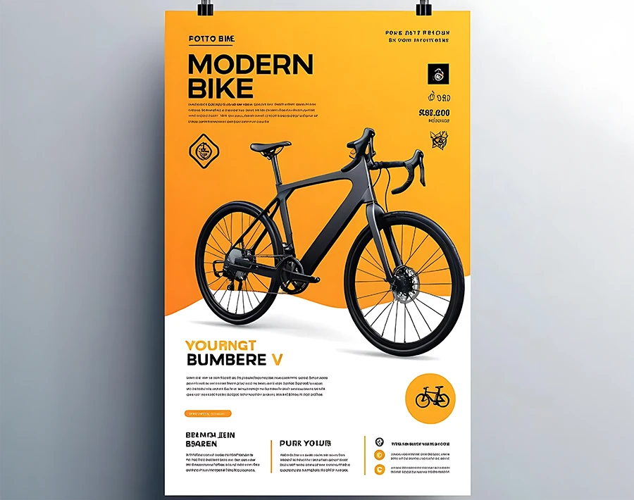 Plakat reklamowy „Modern Bike” z ilustracją czarnego roweru na żółtym tle oraz informacją o cenie i szczegółach produktu.