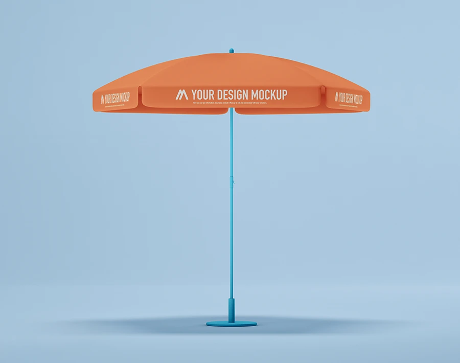 Pomarańczowy parasol reklamowy z nadrukiem, ustawiony na centralnym słupie na jasnym tle.