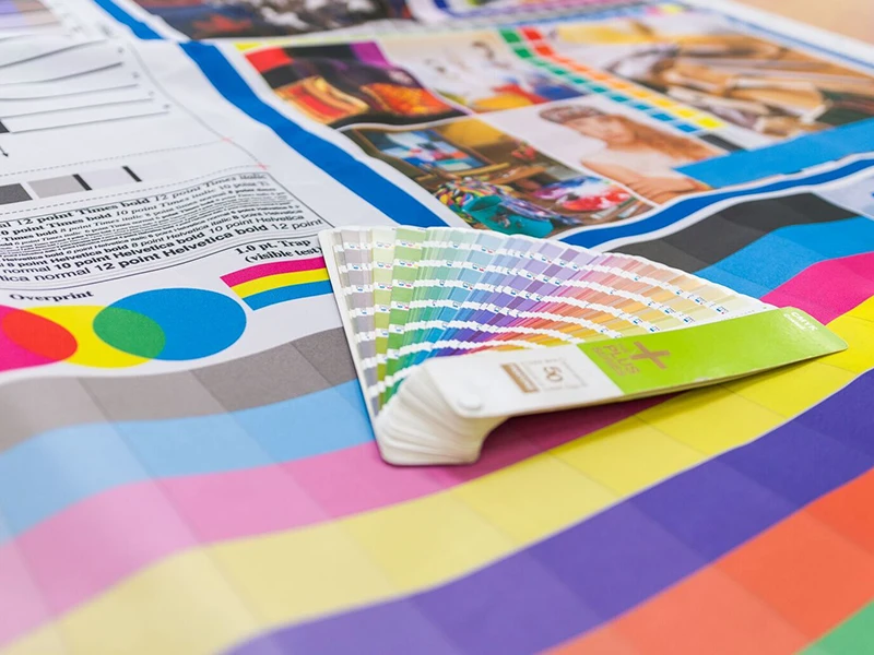 Zadrukowany arkusz wielkoformatowy z intensywnymi kolorami i podwiniętym rogiem, prezentujący jakość druku.