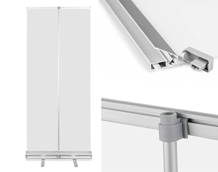 Biały stelaż Roll Up Classic z widoczną kasetą, masztem i detalami konstrukcji.