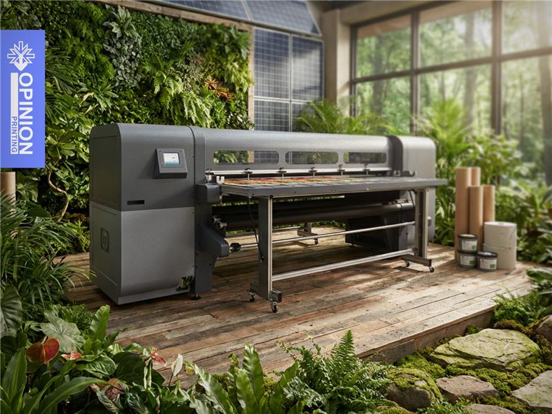 Wielkoformatowa drukarka stoi w przeszklonej oranżerii w otoczeniu zielonych roślin i kamiennej ścieżki.