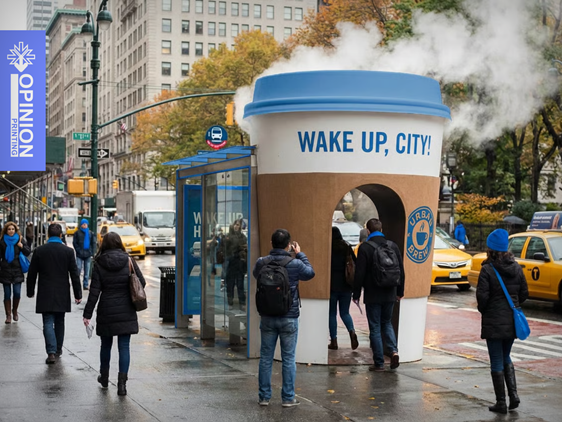 Instalacja reklamowa w kształcie ogromnego kubka kawy ustawiona przy przystanku autobusowym w miejskiej przestrzeni, wokół której przechodzą piesi.