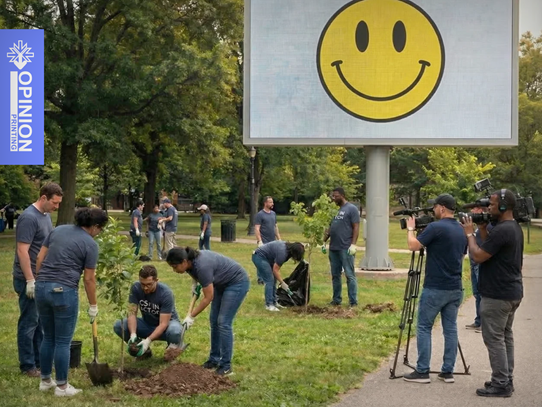 Grupa osób sadzących drzewo w parku, obok dużego billboardu z żółtą uśmiechniętą buźką.